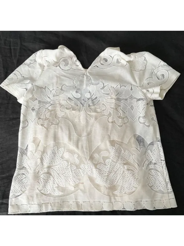 Anthropologie champagne & strawberry lace opacity tee top off white L bust36in - Image 8