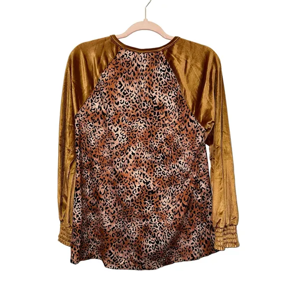 Leopard Print Velvet Sleeve‎ Top Lace-Up Neck Medium - Image 3