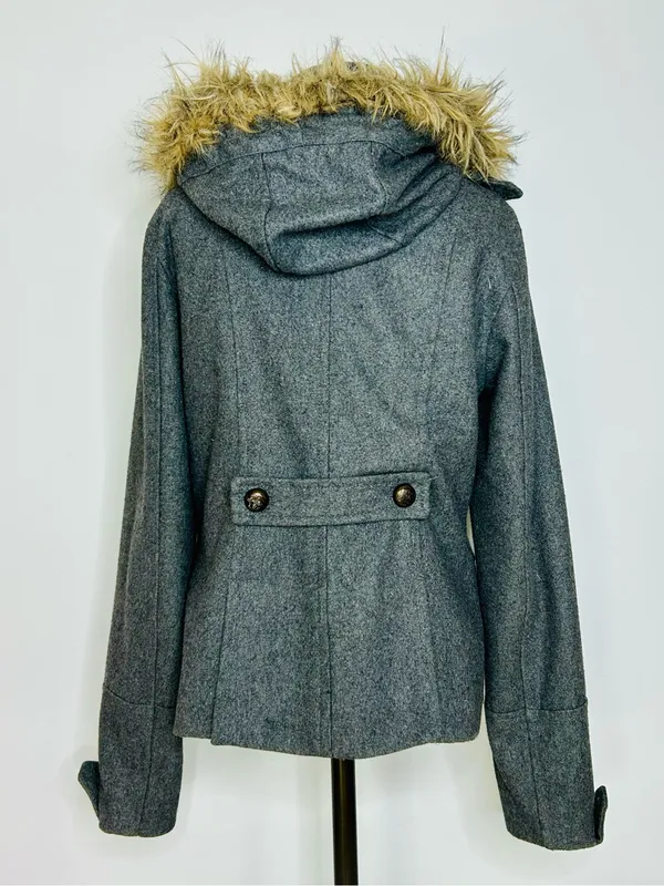 Vintage Y2K dELiA*s Grey Wool-Blend Peacoat with Removable Faux Fur Hood Medium - Image 7