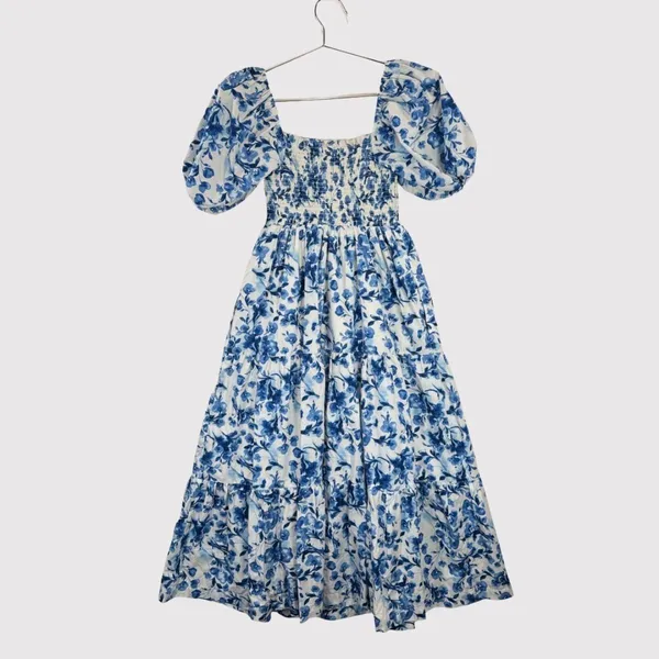 Abercrombie Fitch Midi Dress Blue Toile De Jouy Smocked Puffed Cottagecore Small - Image 3