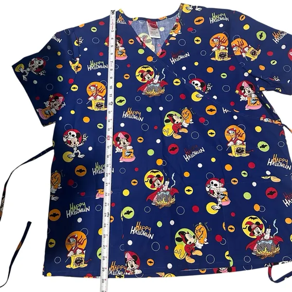 Disney Halloween Scrub Top Shirt XL Blue Mickey‎ Minnie Donald Duck Halloween - Image 6
