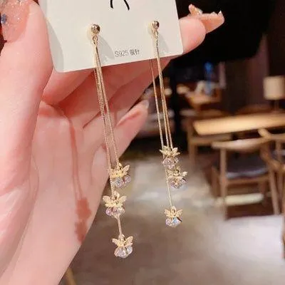 Women's Crystal Flower Long Tassel Dangle Drop Earrings - Image 4