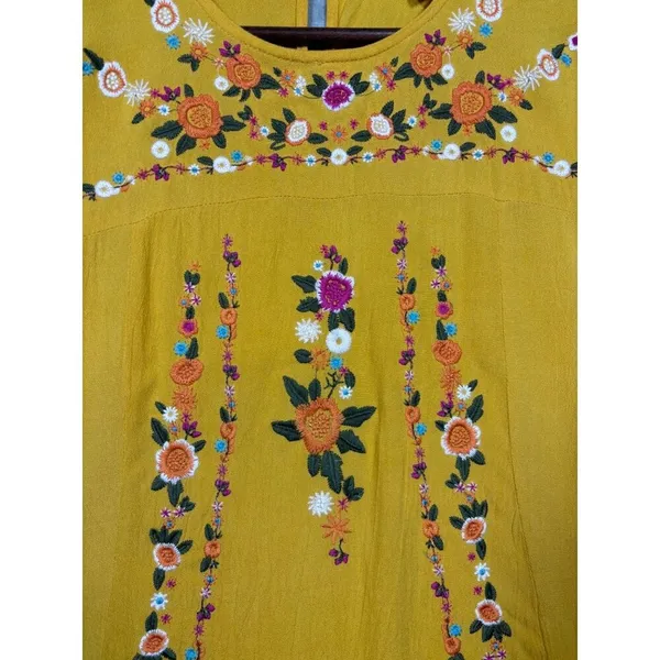 Umgee Womens M Mustard Yellow Embroidered‎ Floral Dress Casual Boho Chic - Image 3