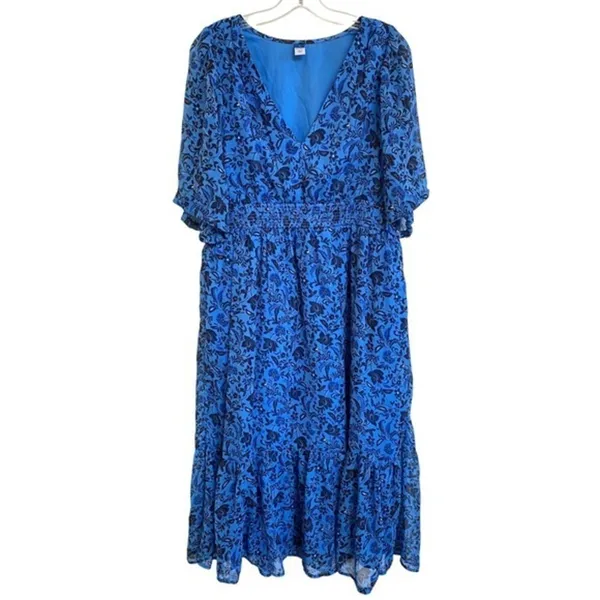 Old Navy Women's Blue Floral Midi Dress Smocked Waist V Neck Casual - L EUC - Image 2