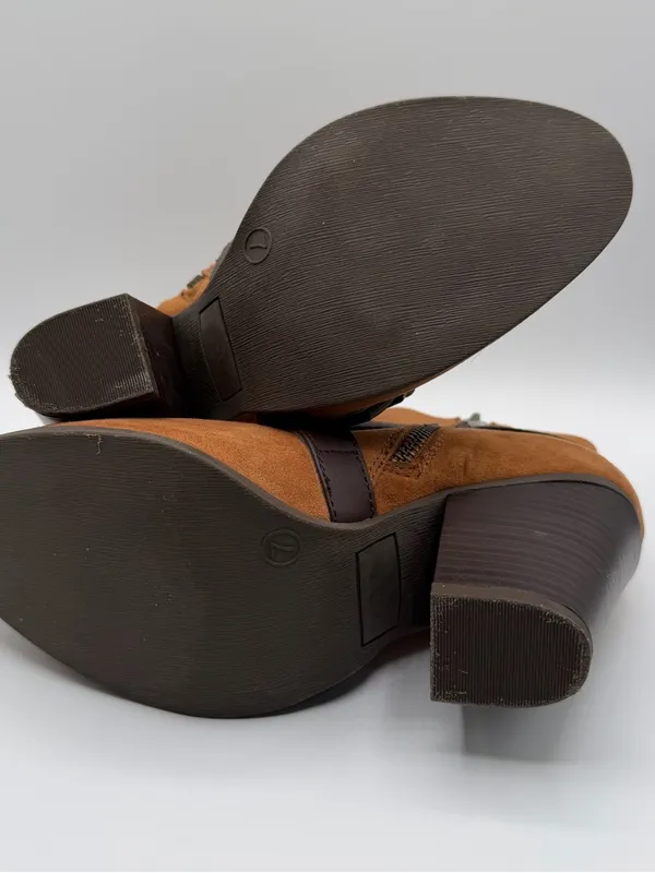 Charming Charlie Womens 7 Cognac Faux Suede Buckle Strap Block Heel Boots - Image 6