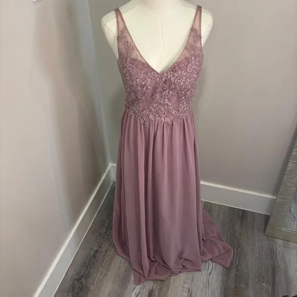 Azazie A4 Dusty Rose Lace V-Neck Chiffon Bridesmaid Formal Maxi Dress - Image 2