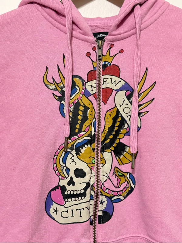 Ed Hardy Pink Skull Graphic Cropped Zip Hoodie Women’s NYC Medium - Image 5