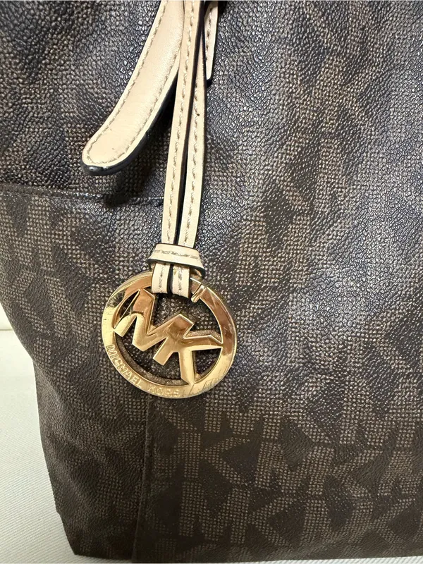 Michael Kors Brown MK Monogram Tote with Beige Handles - Image 2
