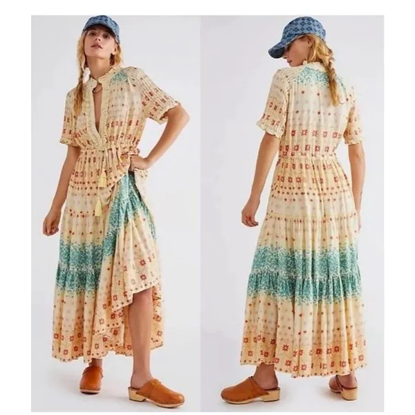 Free People Rare Feeling Cloud Combo Printed Tiered Floral Maxi Dress Size S - Image 2