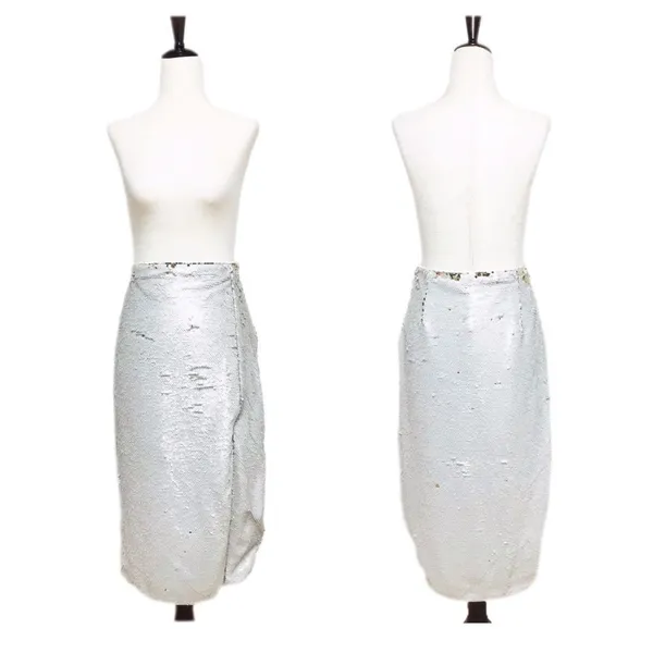 CHELSEA & VIOLET Silver Gold Full Sequin Midi‎ Pencil Skirt Metallic Size 8 10 - Image 2