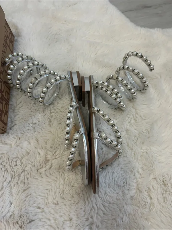 BellaMarie Silver Pearl Spiral Strappy Flat Sandals - Image 6