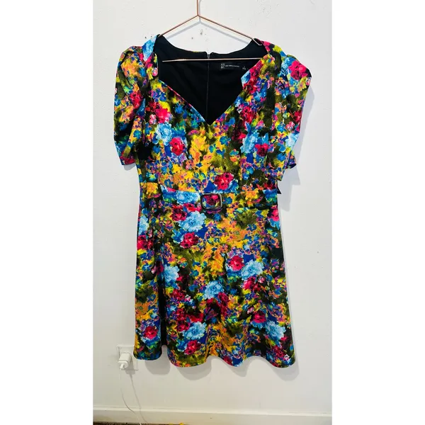 New York & Co Multicolor Floral V-Neck Puff Sleeve Belted Fit & Flare Midi Dress - Image 2