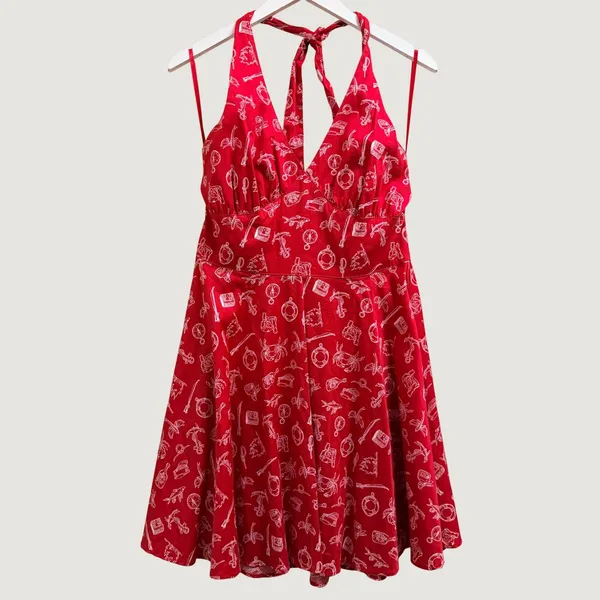 Hell‎ Bunny Red Nautical Print Halter Dress Womens Large Rockabilly Retro Pinup - Image 3