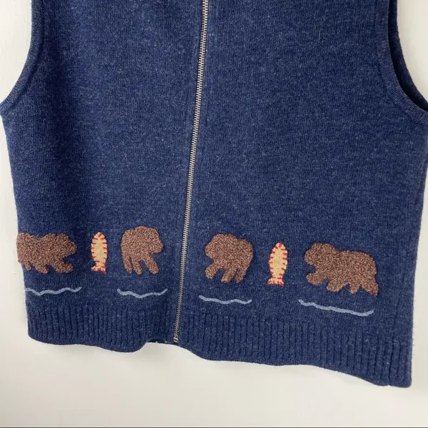 Vtg Woolrich Womens 100% Lambswool Bear Fish Embroidered Vest Sz Small - Image 5