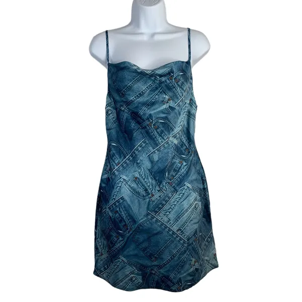 Urban Outfitters Sz S Dress‎ UO Mallory Cowl Neck Slip Denim Jeans Print Women’s - Image 2