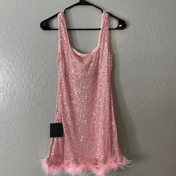 Lulus Popular Invite Pink Sequin Mesh Feather Mini Dress, XS 2209336 - Image 2