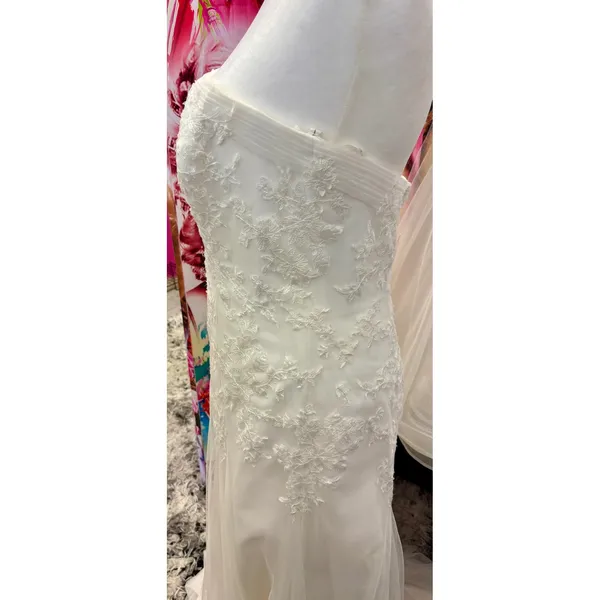 Strapless Lace Applique Tulle Wedding Gown Extra Length Ivory White - Image 3