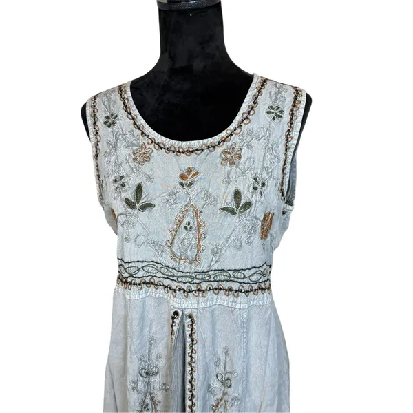 Vtg 90s MPH Gray Floral Embroidered Sleeveless Boho Maxi Dress Large Lagenlook - Image 3