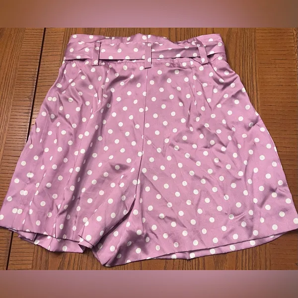 ZARA Lilac & White Polka‎ Dot High Waisted Flowy Satin Belted Paperbag Shorts XS - Image 12