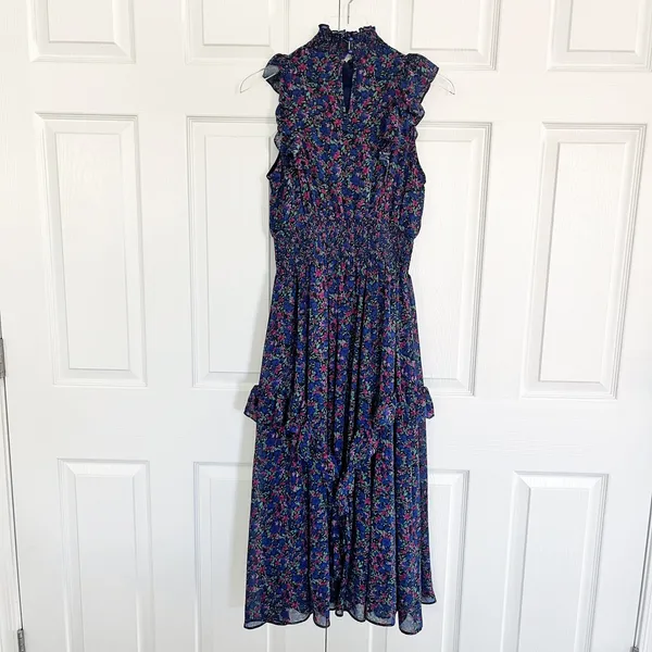 Lulus Evalina Navy Blue Floral Print Mock Neck Sleeveless Ruffle Midi Dress - Image 11