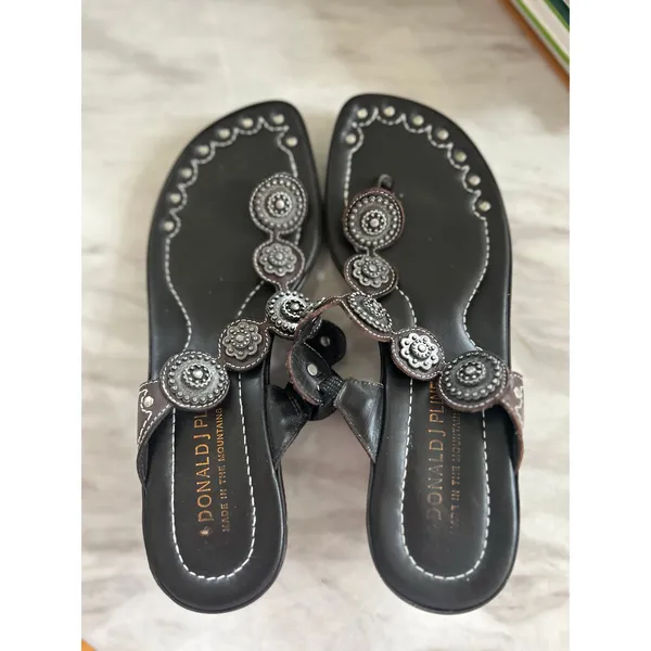 Donald J. Pliner Black/Dark Brown Leather Metal Western Embellished Sandal - Image 6