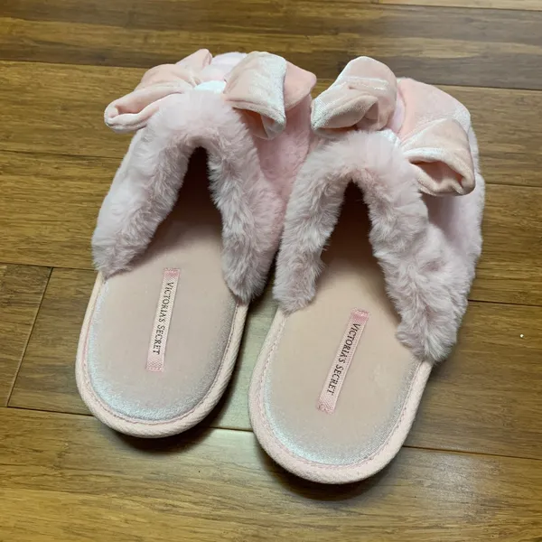 Victorias Secret Pink‎ Faux Fur Velvet Bow Slippers Slides Size Large 9-10 Soft - Image 2