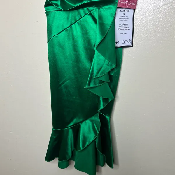 Emerald Sundae Cocktail Dress XS Green Satin Ruffle Flounce Holiday Party V-Neck - Image 8