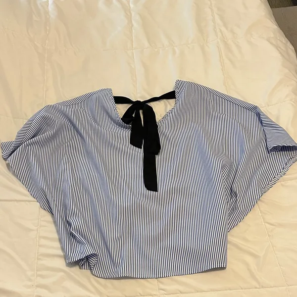 Elegant Blue and White Striped Women's Blouse - Image 2