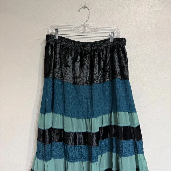 Agapo Teal Tiered Velvet Jacquard Boho Midi Skirt Sz L - Image 3