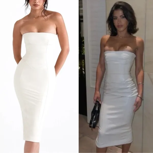 NWOT House of CB- Camilla Ivory Strapless Midi Dress Bodycon Faux Leather Sz XS - Image 3