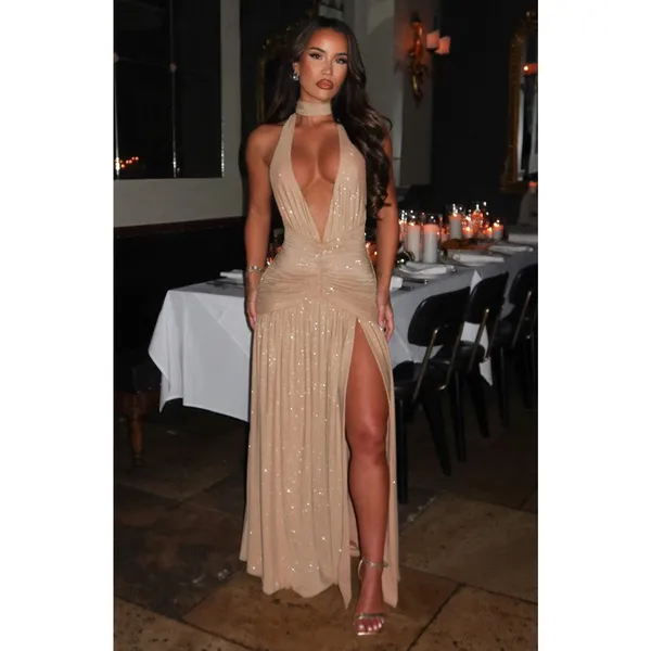 NWT Babyboo Melania Gold Sparkle Ruched Halter Plunge V-Neck Maxi Dress Size M - Image 6