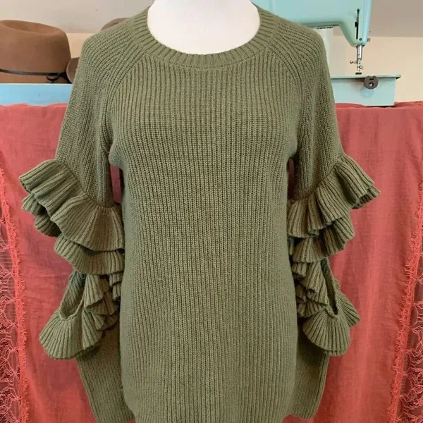BP Olive Green Ruffle Cut Out Sleeve Sweater M - Image 2