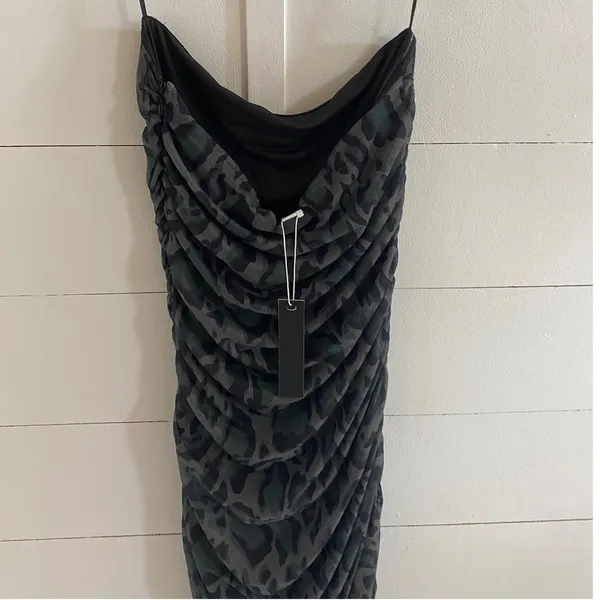 Steve Madden Mesh Tube Dress Army Green Leopard Print Ruched Midi DP28483F ‎ M - Image 12
