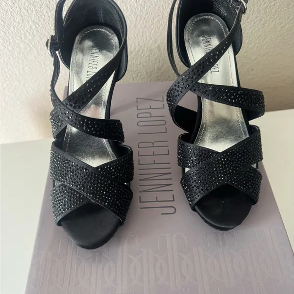 Jennifer Lopez Black Strappy Crystal Accent Heels - Image 7