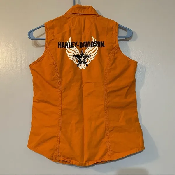 Harley Davidson Moto Sleeveless Orange Button Down Shirt Size Small - Image 2