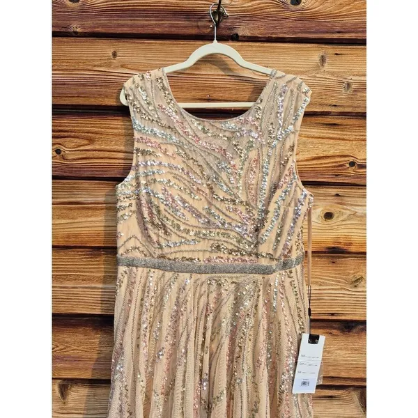 Mac Duggal 5445 Size 14 Beige Beaded Sequined Embellished Long Maxi Gown Dress - Image 8