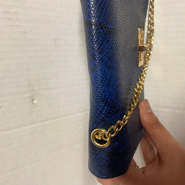 Women's Blue Black Snakeskin Faux Leather Gold-Chain Strap Purse Shoulder Bag - Image 5