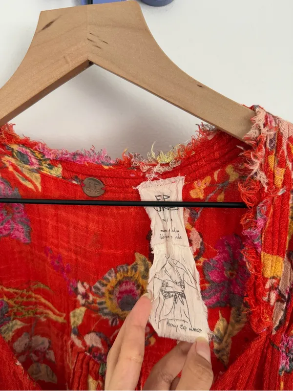 Free People Med Maia Mini Dress Red Gauze Floral Resort Front Wrap Tie Tropical - Image 3