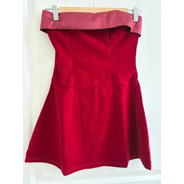 Strapless Velvet‎ Mini Dress Womens Burgundy Excellent Satin Trim Bodycon Party - Image 6