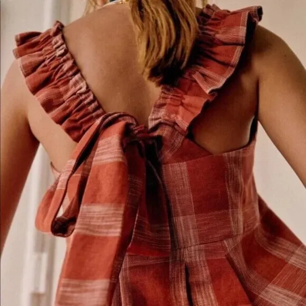 Sézane NWT Lizon in Ocre Ecru Plaid Tie Back Pleated Linen Dress 40 / US 8 - Image 2