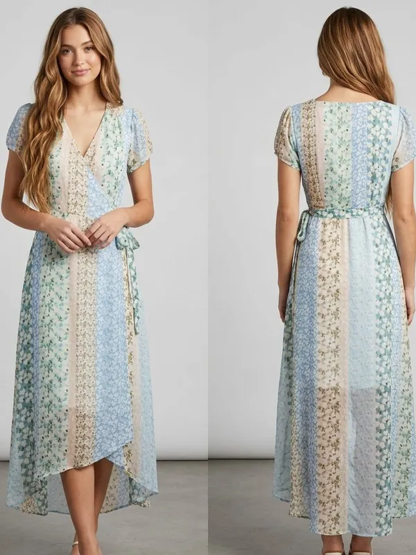 Blue Rain Pastel Floral Patchwork Wrap Maxi Dress - Size M - Image 12