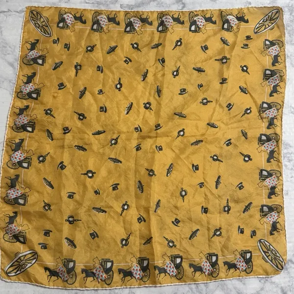 Horse Carriage Yellow Rolled Edges Hand Stitched 17" Square Scarf, 1950s, MCM - Image 3