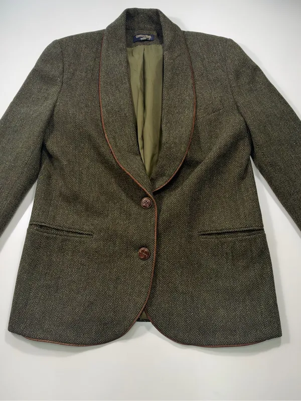 Country Shop 100% Wool Olive Tweed Blazer with Brown Contrast Trim - Women - Image 2