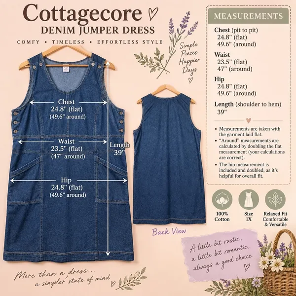 Country Store Jumper Dress Cottagecore Women 1X Blue Denim Button Pockets - Image 10