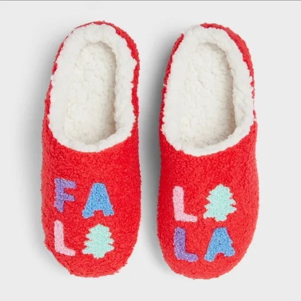 Red Holiday Fa La La Sherpa‎ Lined Slippers Women's Size L - Image 4