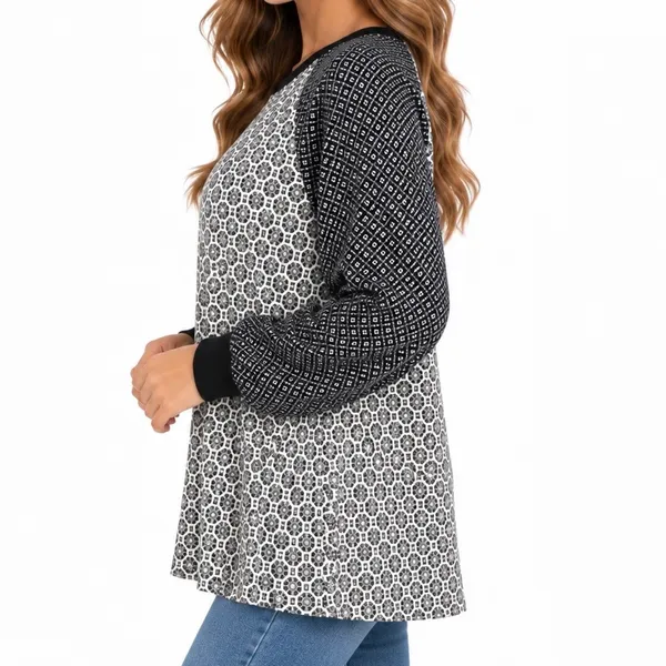 LOFT Black White Mixed Print Long Sleeve Tunic Top Women’s Medium - Image 3