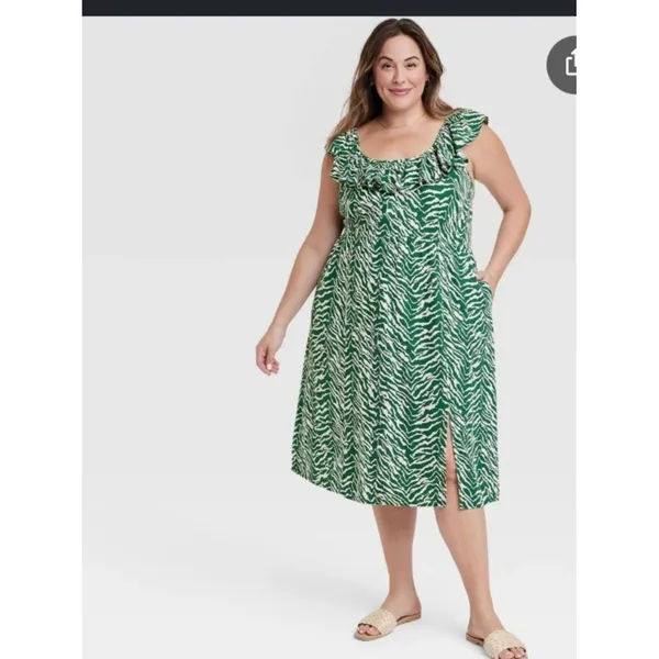 NWT Ava Viv Green Zebra Print Midi Dress Smocked Bodice‎ Ruffle 1X - Image 5