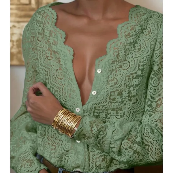 NEW Light Green Lace Tops Blouse Puff Long Sleeve V Neck Button Down M - Image 3