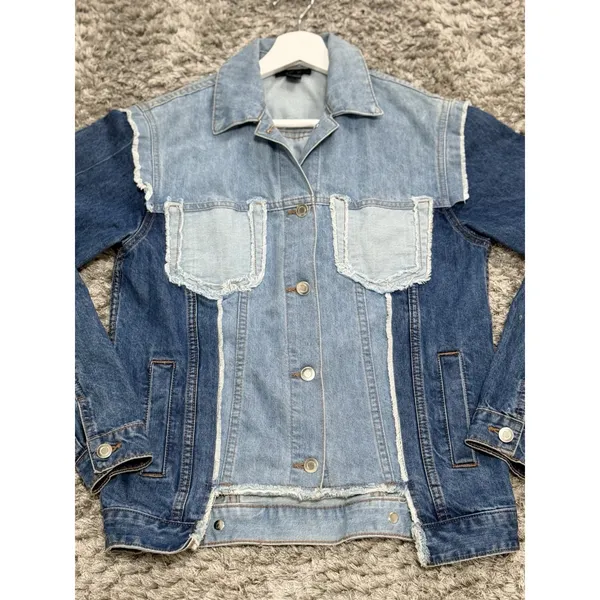 RD Style Womens Size XS Patchwork Denim Jacket Two Tone Blue Raw Hem Distressed - Image 3