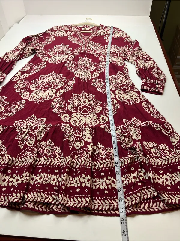 Sézane Boheme Burgundy Red Cream Boho Floral Long Sleeve Midi Maxi Dress‎ Medium - Image 7